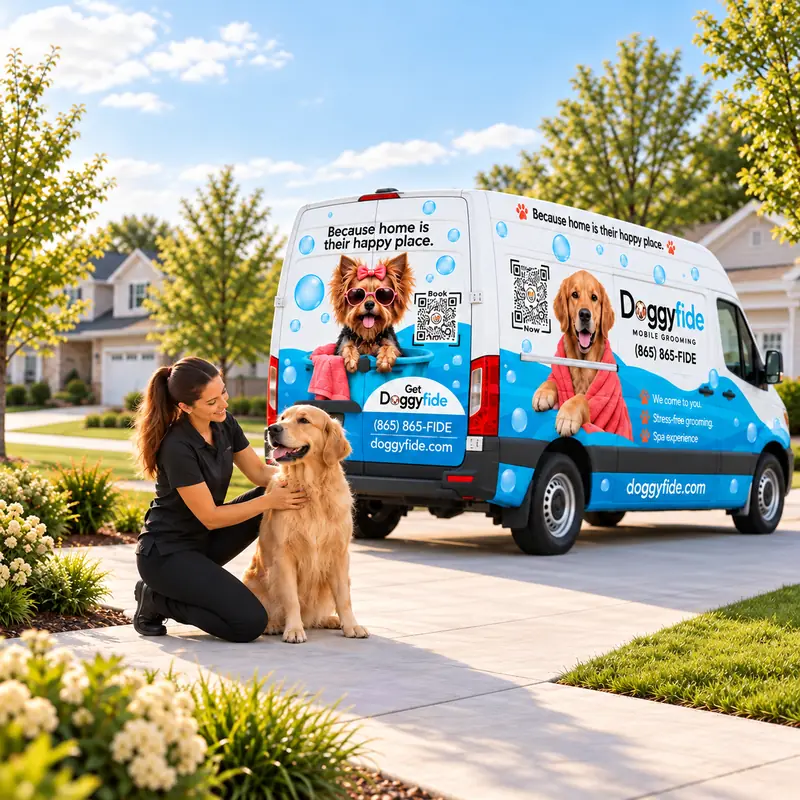 Doggyfide groomer greeting a golden retriever in a Knoxville driveway beside the Doggyfide mobile grooming van