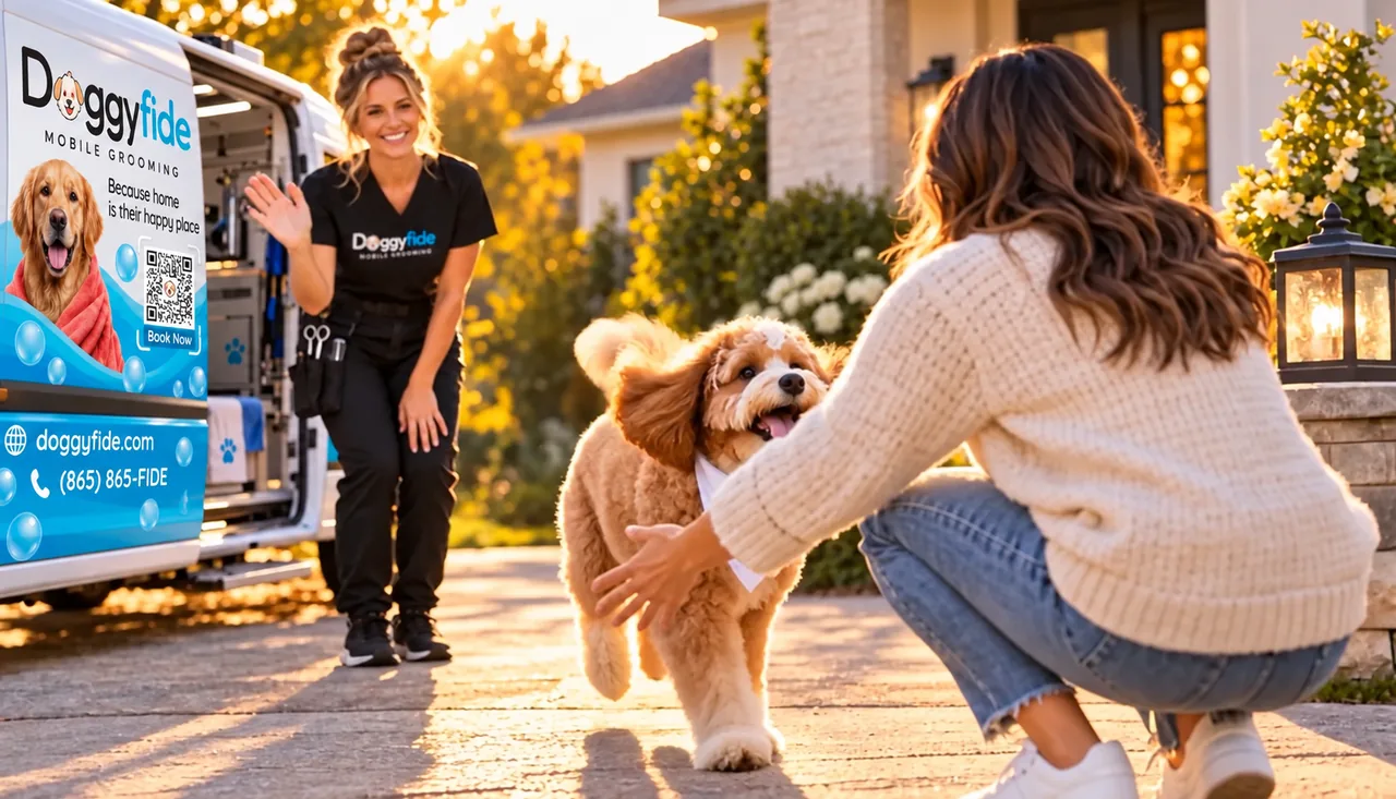 A happy doodle running to its owner beside the blue-and-white Doggyfide grooming van